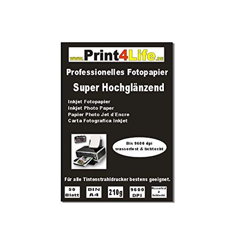 Print4Life 100 Blatt 210g DIN A4 Fotopapier Inkjet Tintenstrahldrucker Mehrzweck-Fotopapier - Gussgestrichenes, hochweißes und glänzendes Papier für hochqualitative Farbausdrucke. von Print4Life