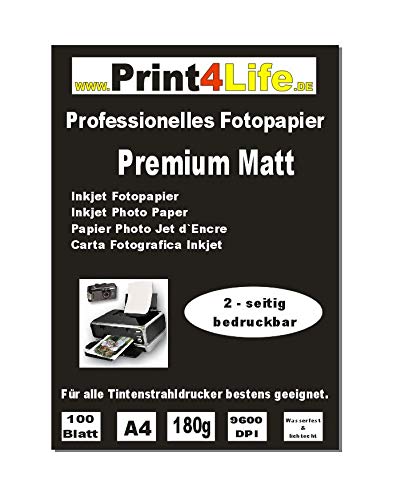 Print4Life– 100 Blatt PREMIUM MATTES Fotopapier BEIDSEITIG 180g/m² DIN A4 von Print4Life
