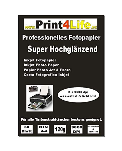 Print4Life – 50 Blatt Fotopapier DIN A4, 120g/qm, high -glossy (hoch-glänzend) -sofort trocken -wasserfest-hochweiß-sehr hohe Farbbrillianz, für InkJet Drucker (Tintenstrahldrucker) von Print4Life