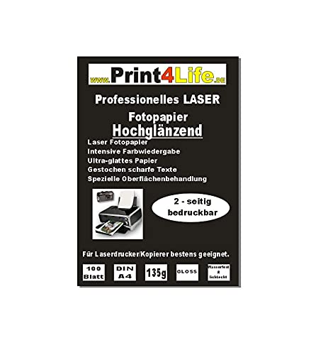 Print4Life P4L – 100 Blatt DIN A4 135g/m² BEIDSEITIG hochglänzendes Fotopapier (High Glossy) für Laserdrucker/Kopierer von Print4Life