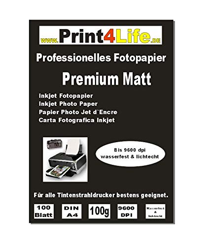 Print4Life P4L – 100 Blatt hochwertiges Fotopapier Matt 100g/m² DIN A4 Inkjet von Print4Life