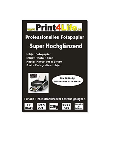 Print4Life P4L – 50 Blatt Fotopapier DIN A4, 230g/qm, high -Glossy (hoch-glänzend) -sofort trocken -wasserfest-hochweiß-sehr hohe Farbbrillianz, für Inkjet Drucker (Tintenstrahldrucker) von Print4Life