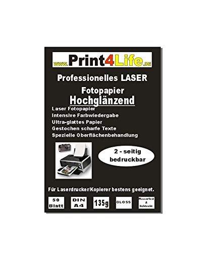 Print4Life P4L – 50 Blatt LASERDRUCKER FOTOPAPIER 135gr/m² BEIDSEITIG GLÄNZEND von Print4Life