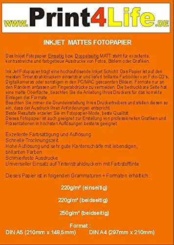 Print4Life Premium Fotopapier A4, 220 g/m², doppelseitig matt, 50 Stück von Print4Life