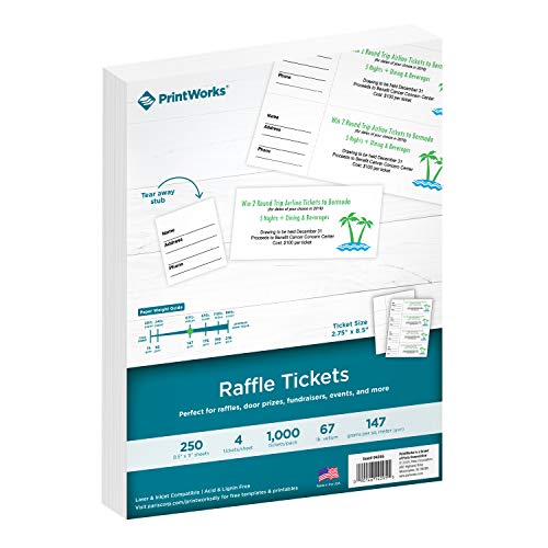 PrintWorks Tombola-Tickets, perforierter Karton für Tickets mit Abreißstutzen, 22 x 28 cm, 147 g/m², 4 Tickets pro Blatt, 250 Blatt, insgesamt 1000 Tickets, weiß (04295) (2,75 x 8,5) von PrintWorks