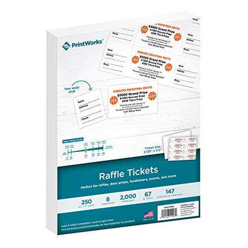 PrintWorks Tombola-Tickets, perforierter Karton für Tickets mit Abreißstutzen, 22 x 28 cm, 147 g/m², 8 Tickets pro Blatt, 250 Blatt, insgesamt 2000 Tickets, weiß (04296) (2,125 x 5,5) von PrintWorks