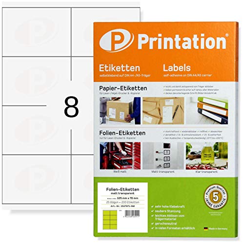 Etiketten 105 x 70 mm WETTERFEST transparent auf DIN A4 Bogen - 2 x 4 Labels je DIN A4 Bogen - 200 Folienetiketten 105x70 selbstklebend bedruckbar mit Laser Drucker (25) von Printation