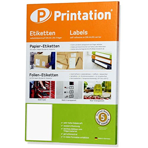 Printation Universal Etiketten selbstklebend 200 x 297 mm weiß - 10 Klebeetiketten auf 10 DIN A4 Bogen 1x1-1 Aufkleber 200x297 pro A4 Bogen mit Rand - Klebepapier A4 bedruckbar Etikettenpapier 3418 von Printation