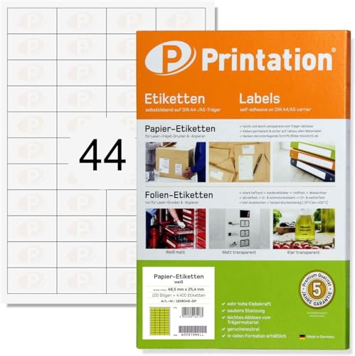 Printation Amazon FBA SKU Artikel-Etiketten 44 (48,5x25,4 mm) auf DIN A4 100 Blatt - 440 Papier Barcode Aufkleber 48,5 x 25,4 mm weiß selbstklebend bedruckbar - 48x25 FBA-Produkt-Barcode-Etiketten von Printation