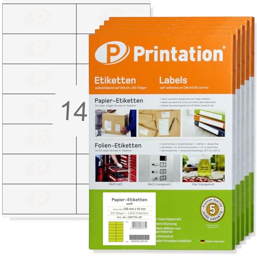 Printation Etiketten 105 x 41 mm - 7000 Aufkleber auf 500 Blatt DIN A4-2x7 14 105x41 Universal Papier Labels blanko weiß selbstklebend bedruckbar - 3477 4475 LA153 von Printation