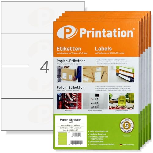 Printation Etiketten 210 x 74 mm selbstklebend weiß zum bedrucken - 2000 Aufkleber 1x4 210x74 Labels auf 500 DIN A4 Bogen 1x4 - Klebeetiketten 8405 DATAPRINT VDA ODETTE von Printation