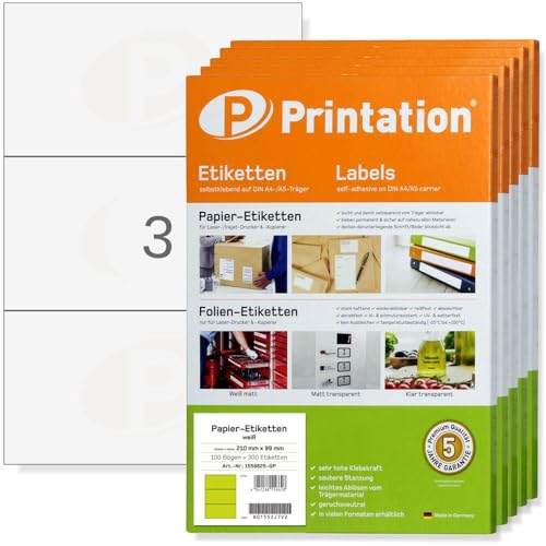 Printation Etiketten 210 x 99 mm weiß selbstklebend bedruckbar - 1500 Klebeetiketten/Labels auf 500 DIN A4 Bogen 3x1 210x99 - Aufkleber zum bedrucken 4664 von Printation