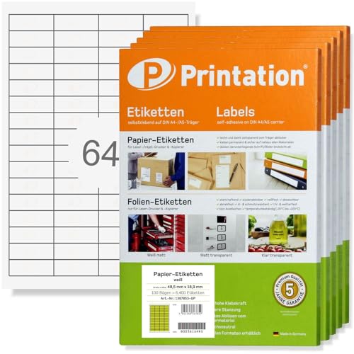 Printation Etiketten 48,5 x 16,9 mm - 32000 Labels blanko weiß selbstklebend bedruckbar - 500 A4 Bogen à 4x16 48,5x16,9 Sticker - Universal Aufkleber selbstklebend 3667 4226 4271 4607 von Printation