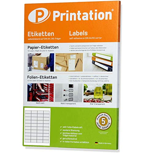 Printation Etiketten Selbstklebend 48,5 x 25,4 mm - 400 Adressetiketten, 40 Aufkleber Pro A4 Bogen, 10 Blatt - Weiße Matte Papier Klebeetiketten Zum Bedrucken, Adressetiketten Selbstklebend 48,5x25,4 von Printation
