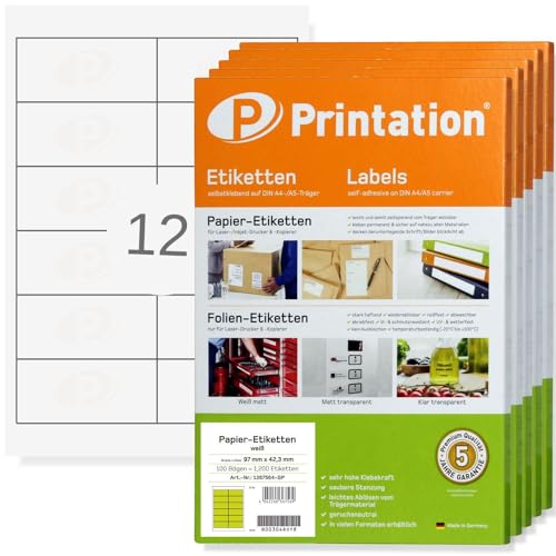 Printation Etiketten 97 x 42,3 mm - 6000 Aufkleber auf 500 Blatt DIN A4-2x6 12 97x42,3 Universal Labels blanko weiß selbstklebend - Adressetiketten Briefversand 4623 5056 LA140 3659 4781 von Printation
