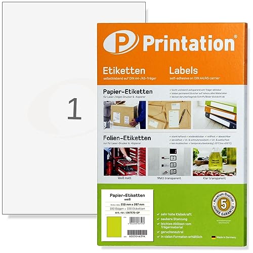 Printation Etiketten selbstklebend A4 210 x 297 mm · 100 Klebeetiketten zum bedrucken - Hochwertiges Etikettenpapier 210x297 1x1 · selbstklebendes Papier A4 / Stickerpapier zum selbst drucken A4 von Printation
