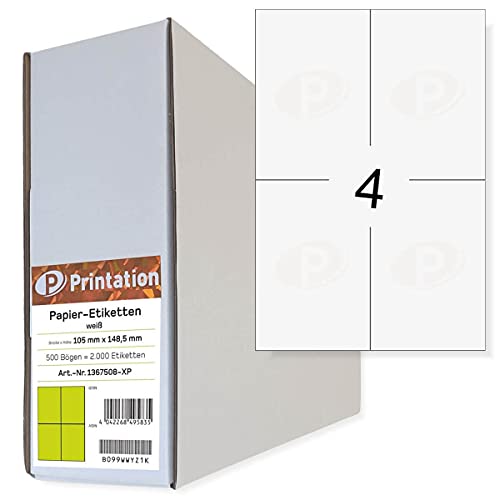 Universal Etiketten 105 x 148,5 mm DIN A6 bedruckbar selbstklebend weiß - 500 A4 Blätter Großpack 2x2 105x148,5-2000 Labels Versandaufkleber Versand-Etiketten 3483 6120 4476 Klebeetiketten 105x148 von Printation