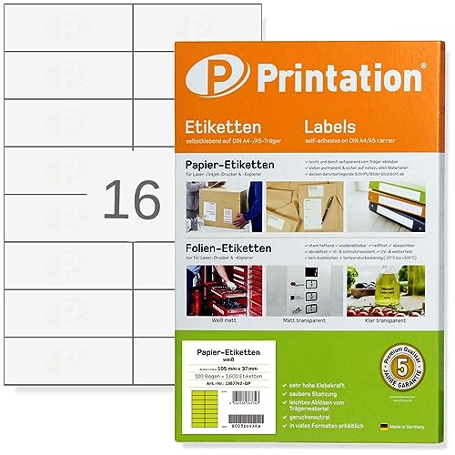 Printation Etiketten selbstklebend 105 x 37 mm - 400 Adressetiketten selbstklebend, 16 Klebeetiketten pro A4-Blatt, 25 Blatt Aufkleber Papier - Universal Etiketten Weiß für Laser + Inkjet Drucker 2x8 von Printation