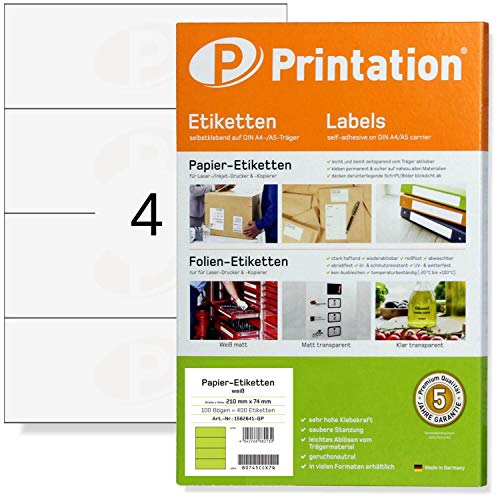 Universal Etiketten 210 x 74 mm klebend weiß 100 210x74,25 VDA Labels/Sticker auf 25 DIN A4 Bogen 1x4-8405 DATAPRINT ODETTE von Printation