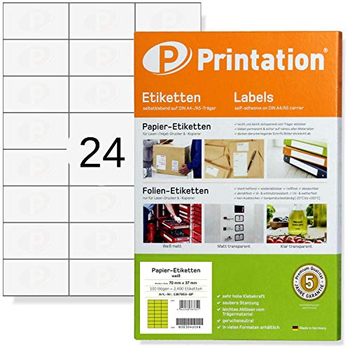 Printation Universal Etiketten 70 x 37 mm weiß - 2400 Adressetiketten selbstklebend auf 100 DIN A4 Bogen á 3x8-24 Adressaufkleber 70x37 pro Blatt - Internetmarke bedruckbar - Klebeetiketten FBA von Printation