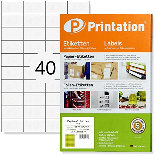 Universal Etiketten für Kennzeichnungen - 52,5 x 29,7 mm selbstklebend weiß bedruckbar - 1000 Sticker auf 25 A4 Bogen à 4x10 Aufkleber - 4461 LA111 3651 von Printation