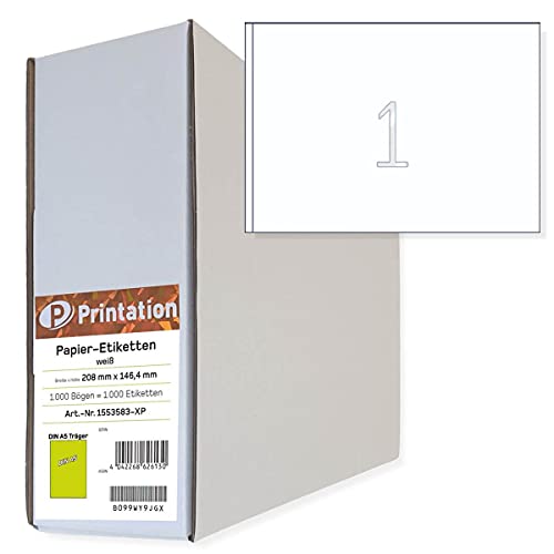 Versand-Etiketten A5 1000 Stk. 210 x 148,5 mm weiß selbstklebend - 1000 DIN A5 Bogen Großpack à 1x1 210x148mm Haftetiketten/Klebeetiketten DHL Paketaufkleber - 6135 8690 Adressetiketten bedruckbar von Printation