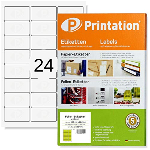 Printation Weiße Etiketten selbstklebend wasserfest 63,5 x 33,9 mm - 25 Blatt / 24 Sticker pro A4 Bogen 3x8-600 63,5x33,9 Polyester Folienetiketten stark klebend mit Laser-Drucker bedruckbar weiß von Printation