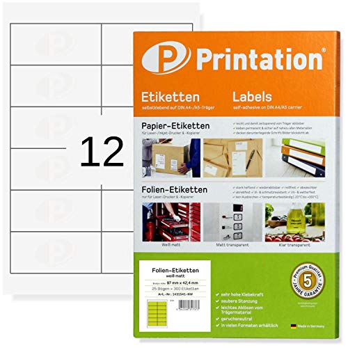 Printation Etiketten selbstklebend weiß 97 x 42,4 mm - 25 Blatt / 12 wetterfeste Folienetiketten pro A4 Bogen 2x6-300 Sticker - Etiketten wasserfest bedruckbar mit Laser Drucker 97x42,4 Printation Etiketten selbstklebend weiß 97 x 42,4 mm - 25 Blatt / 12 wetterfeste Folienetiketten pro A4 Bogen 2x6-300 Sticker - Etiketten wasserfest bedruckbar mit Laser Drucker 97x42,4 von Printation