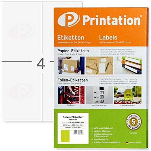 Printation Weiße wetterfeste FolienEtiketten 105 x 148,5 mm matt weiß auf 25 DIN A4 Bogen 4 pro Blatt 2x2 100 Aufkleber wetterfest selbstklebend weiß 105x148,5 Folien mit Laser Drucker bedruckbar von Printation