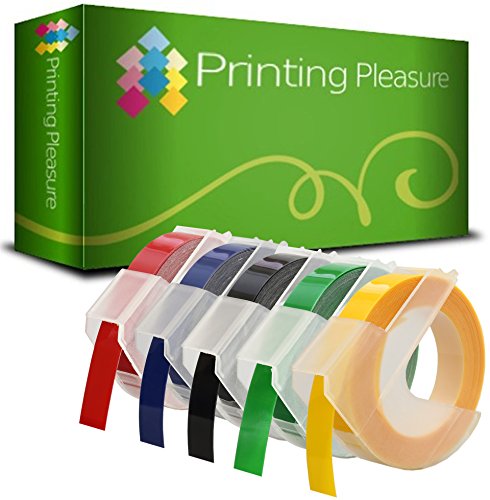5er Pack schwarz/blau/rot/grün/gelb Selbstklebenden Etiketten 3D Prägeband 9mm x 3m, Kunststoff, kompatibel für DYMO Omega und Junior Etikettenprägegerät von Printing Pleasure