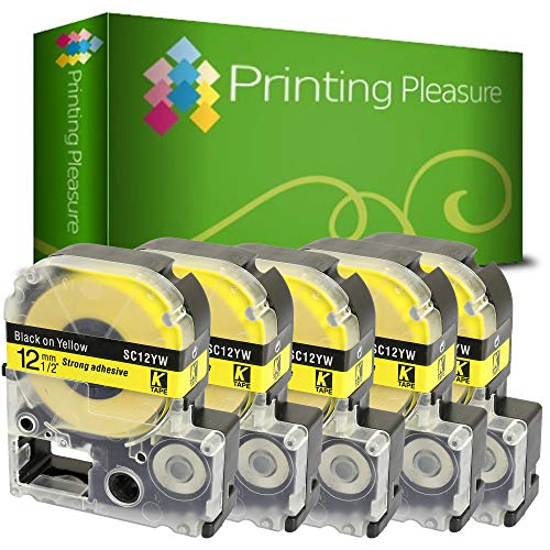 5x Schriftband kompatibel für Epson AC12YW Schwarz auf Gelb (12mm x 8m) für Epson LabelWorks LW-300, LW-400, LW-500, LM-700, LW-900P, KingJim TepraPro Etikettendrucker von Printing Pleasure