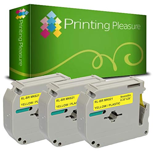 Printing Pleasure 3 x M K621 MK-621BZ Schwarz auf Gelb, Schriftband kompatibel für Brother P-Touch PT80 PT85 PT90 PT100 PT110 PT55S PT65 PT65SB PT70 PT70BM PT70HK PT70HOT PT70SP PT70SR | 9mm x 8m von Printing Pleasure