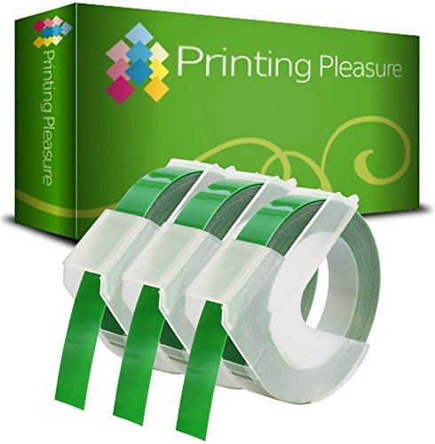 Printing Pleasure 3X Grün Prägebänd S0898160 Prägeetiketten für Dymo Junior S0717900 & Omega S0717930 Prägegeräte | 9mm x 3m | weißer Druck auf grünem Untergrund von Printing Pleasure