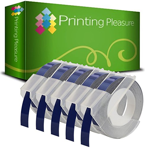 Printing Pleasure 5X Blau Prägebänd S0898140 Prägeetiketten für Dymo Junior S0717900 & Omega S0717930 Prägegeräte | 9mm x 3m | weißer Druck auf blauen Untergrund von Printing Pleasure