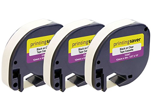 3 Rollen LetraTag S0721550 12267 12mm x 4m Schwarz auf Transparent Etikettenband Kunststoff kompatibel für LetraTag LT-100H LT-100T LT-110T QX50 XR XM 2000 Plus von Printing Saver