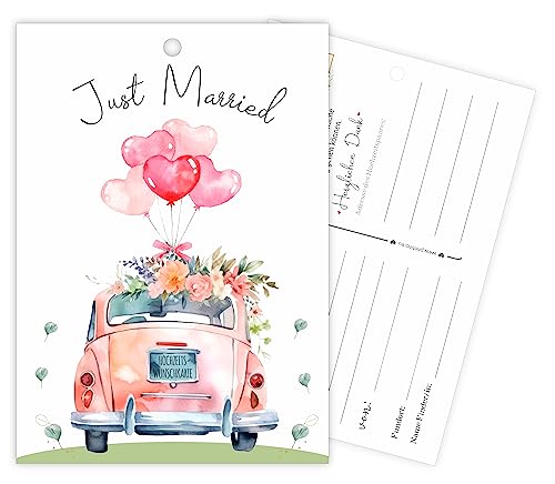 Printino® Ballonkarten Hochzeit – 50 gelochte Just Married Wunschkarten, extra leicht 2,5 g Karten, Gäste Wünsche Postkarten, Ballonflugkarten für Luftballons (Hochzeitspaar) von Printino