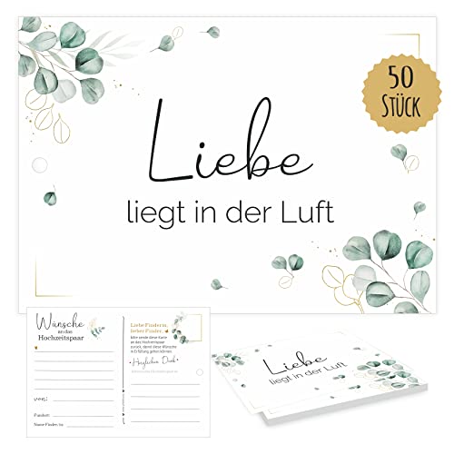 Printino® Ballonkarten Hochzeit – 50 gelochte Wunschkarten als Hochzeitsspiel, extra leicht 2,5 g Karten, Gäste Wünsche Postkarten, Ballonflugkarten für Luftballons (Eukalyptus BOHO) von Printino