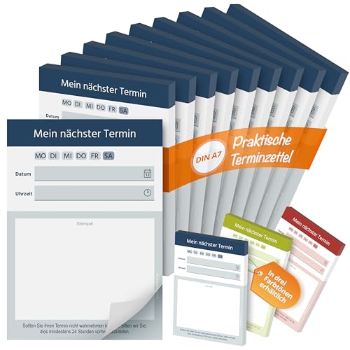 Printino Terminblöcke – Terminzettel DIN A7 – 10 Blöcke mit 500 Terminkarten – Offsetpapier 80 g/m² – großes Stempelfeld – klar strukturiert – 3 Farben – für Praxen, Studios, Friseur, Kosmetik (Blau) von Printino