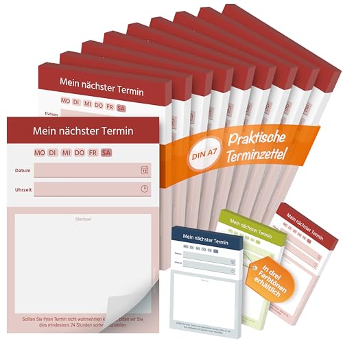 Printino Terminblöcke – Terminzettel DIN A7 – 10 Blöcke mit 500 Terminkarten – Offsetpapier 80 g/m² – großes Stempelfeld – klar strukturiert – 3 Farben – für Praxen, Studios, Friseur, Kosmetik (Rot) von Printino