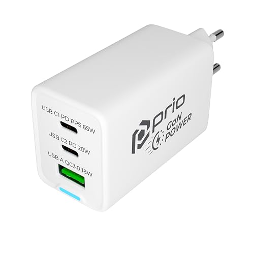 prio Wandladegerät GaN Power 65W PD PPS (USB C) + QC 3.0 (USB A) weiß von Prio