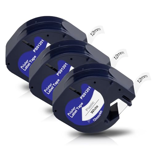 3x Pristar Kompatible Schriftband als Ersatz für Dymo Letratag 12mm x 4m Etikettenband 91221 S0721660 Kunststoff Dymo Letratag XR Bänder Schwarz auf Weiß für Dymo LT-100H LT-100T 200B Etikettenband von Pristar