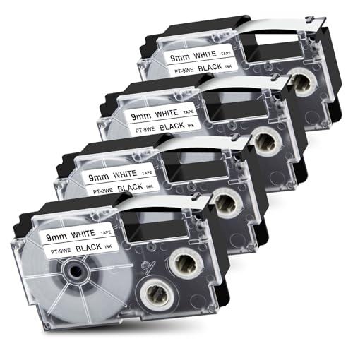 Pristar 4x Schriftband Kompatibel für Casio XR-9WE XR9WE Etikettenband für Casio KL-60 KL-70E KL-100 KL-120 KL-200 KL-300 KL-750 KL-780 KL-820 KL-2000 Beschriftungsgerät, Schwarz auf Weiß, 9mm x 8m von Pristar
