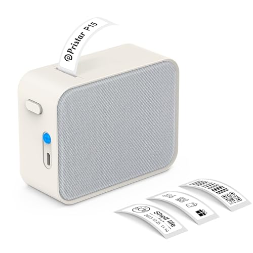 Pristar Bluetooth-Etikettendrucker, P15 Mini Beschriftungsgerät Selbstklebend, APP-Verbindung, Wiederaufladbar， Etikettiergerät kompatibel mit iOS und Android für Zuhause, Büro, Schule (Grauer Stoff) von Pristar