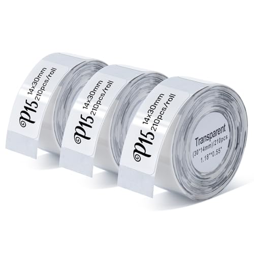 Pristar P15 Etiketten, 3 Rollen 14mm * 30mm Selbstklebendes Thermoband Etiketten, Kompatibel mit P15 Etikettendrucker, Transparent, 210 Etiketten/Rolle von Pristar