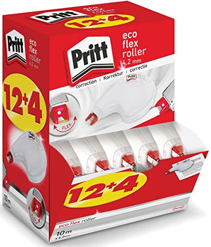 Pritt Korrekturroller ECO Flex Sideway, 12 + 4 Roller im Display, ergonomisches Design für seitliche Anwendung, Breite 4,2mm, Länge 10m, flexible Spitze, 9H PRKEM von Pritt