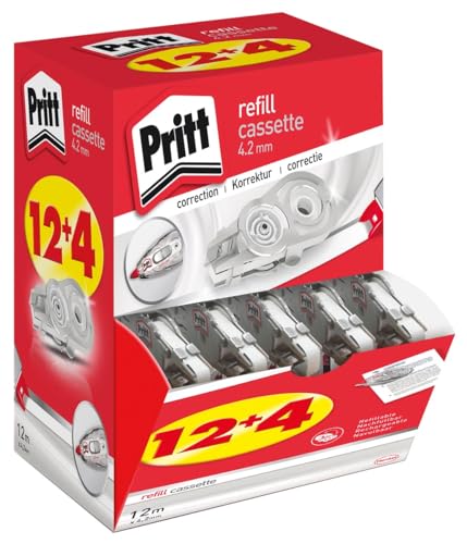 Pritt Nachfüllkassetten für Korrekturroller Refill Flex Roller Midway, 12 + 4 Kassetten im Display, Breite 4,2mm, Länge 12m, flexible und einziehbare Spitze, 9H PRX4M von Pritt