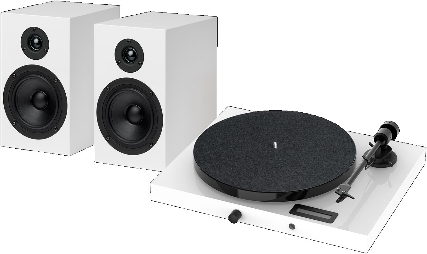 Juke Box E1 + Speakerbox 5 Hifi-System (inkl. Ortofon OM5e Tonabenehmer) hochglanz weiß von Pro-Ject