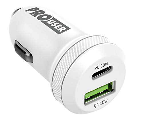 Pro User Dual-USB Car Charger 24W: kleines Design KFZ Ladegerät mit PD und USB QC 3.0 Ausgang – stylischer Adapter für den Zigarettenanzünder (Weiss) von Pro User