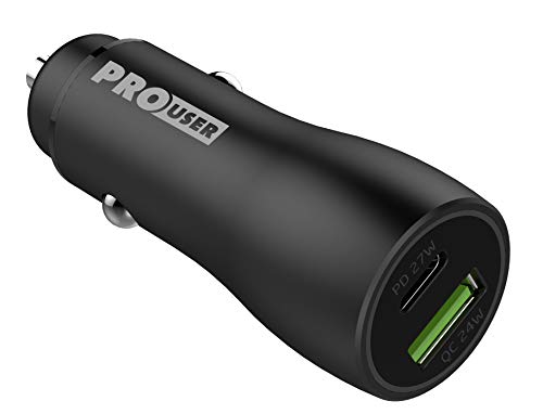 Pro User Dual-USB Car Charger 48W: Auto Ladegerät aus Aluminium mit USB-C PD und USB Quick Charge, LED Ring – für 12V/ 24V - PKW/LKW/Wohnmobil, lädt Handy, Tablet, Laptop, Kamera von Pro User