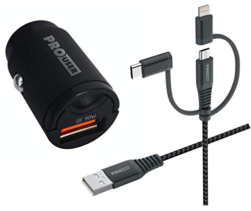 Pro User Set: Car USB Charger 30W + 3-in-1 USB Kabel – USB C- Lightning – Micro USB, das extra kleine Auto Ladegerät super stark und Mini Klein, dazu EIN USB Allround Kabel 60cm von Pro User
